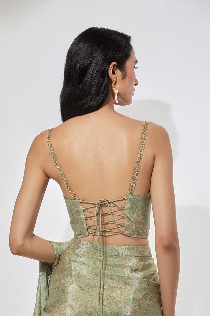 Sage Green Embellished Pre-Draped Saree with Corset Blouse