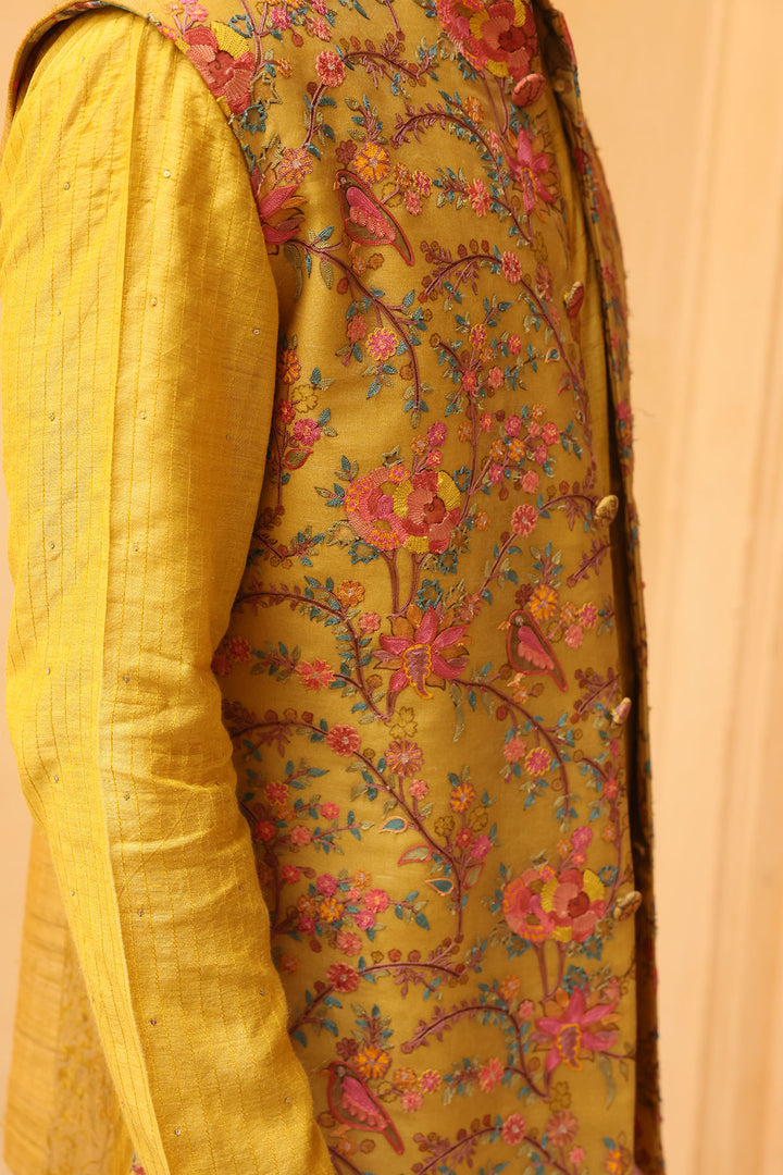 Sunshine Yellow Silk Brocade Jaal Bandi Set