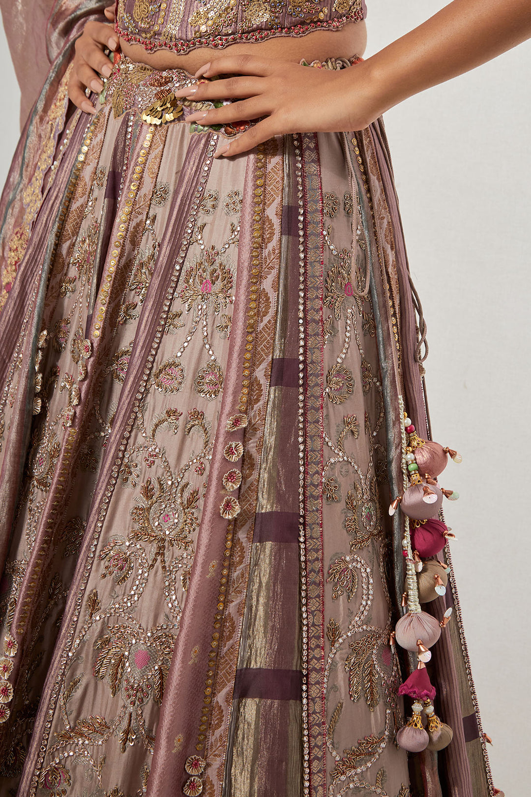 Mauve Blush Multi-Panel silk brocade Lehenga Set with Heavy Hand-Embroidered Corset Blouse