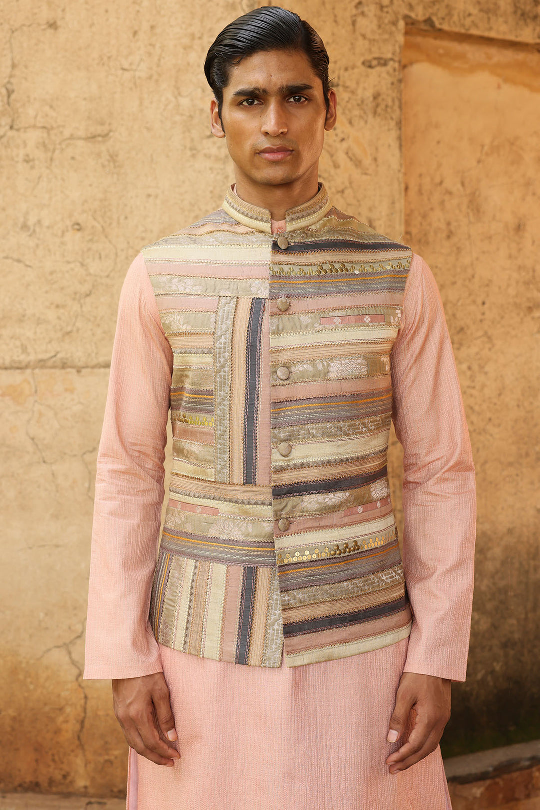 Blush kurta set with Linear embroidered jacket