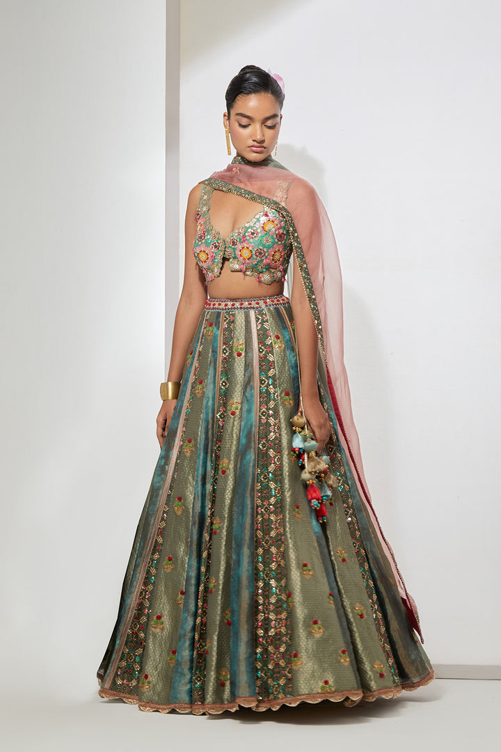 Turquoise Embroidered Lehenga Set with Ombre Dupatta