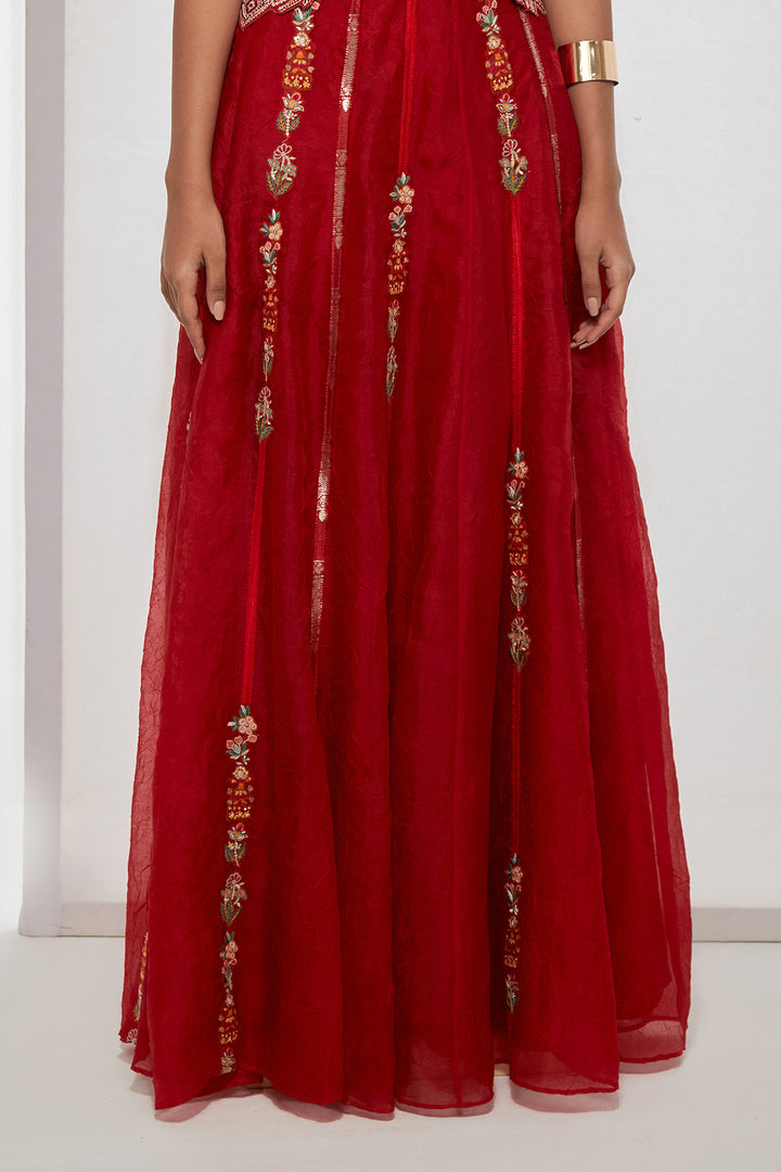 Gulab Crimson Hand-Embroidered Silk Corset &amp; Organza Skirt