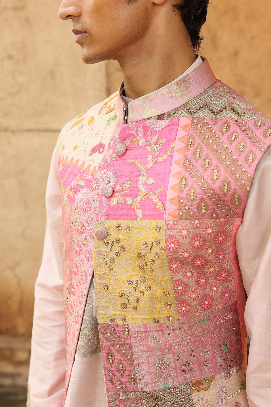 Blush Pink Silk Brocade Patchwork Bandi Set