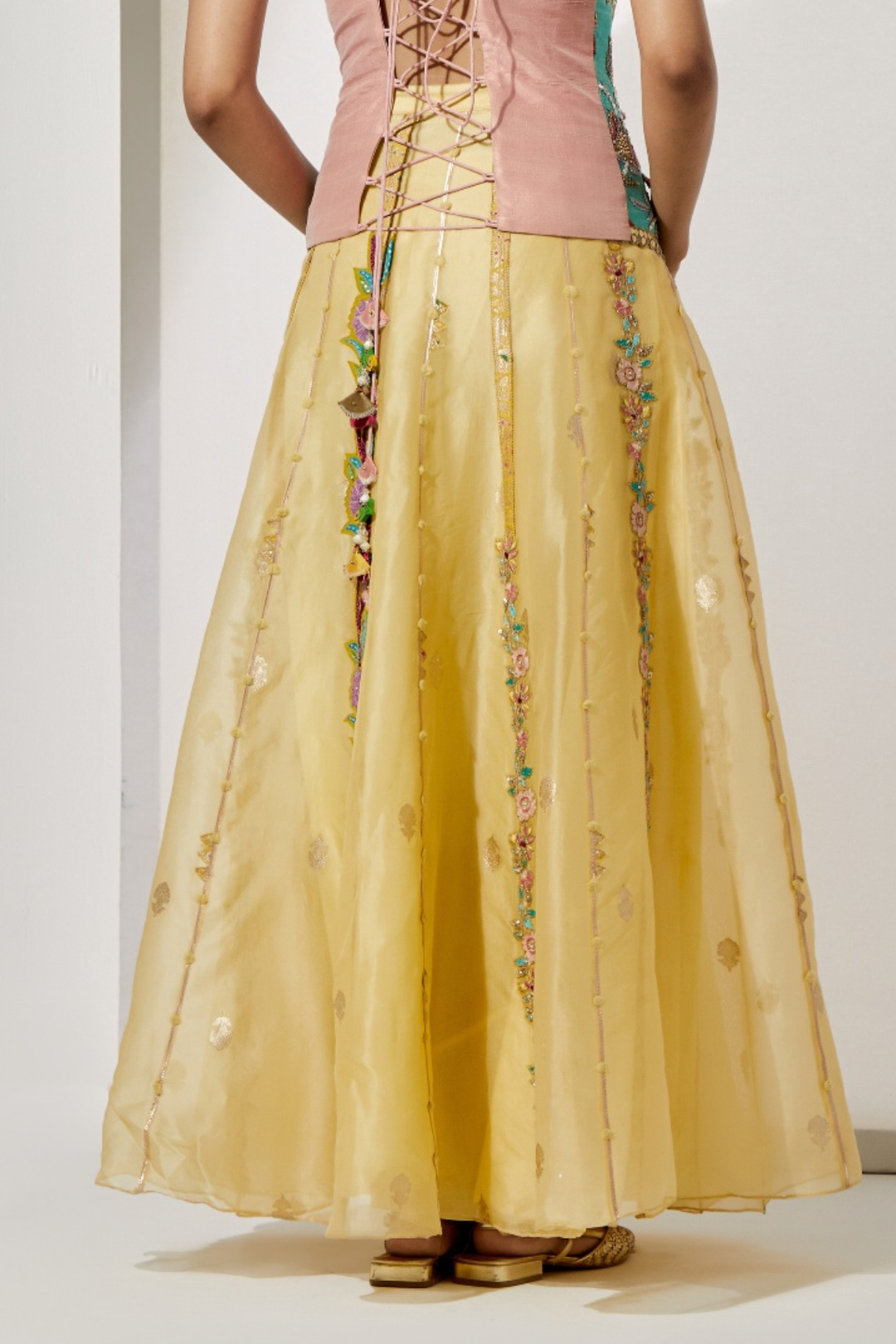 Yellow Organza Skirt with Floral Thread Embroidery+Mustard Patchwork Embroidered Corset Vest