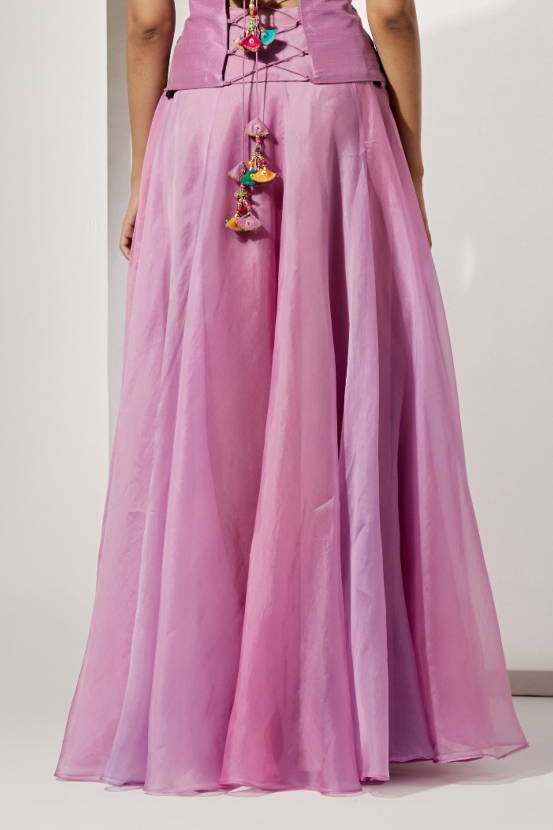 Pastel Patchwork Embroidered Corset+Lavender Plain Organza Flared Skirt
