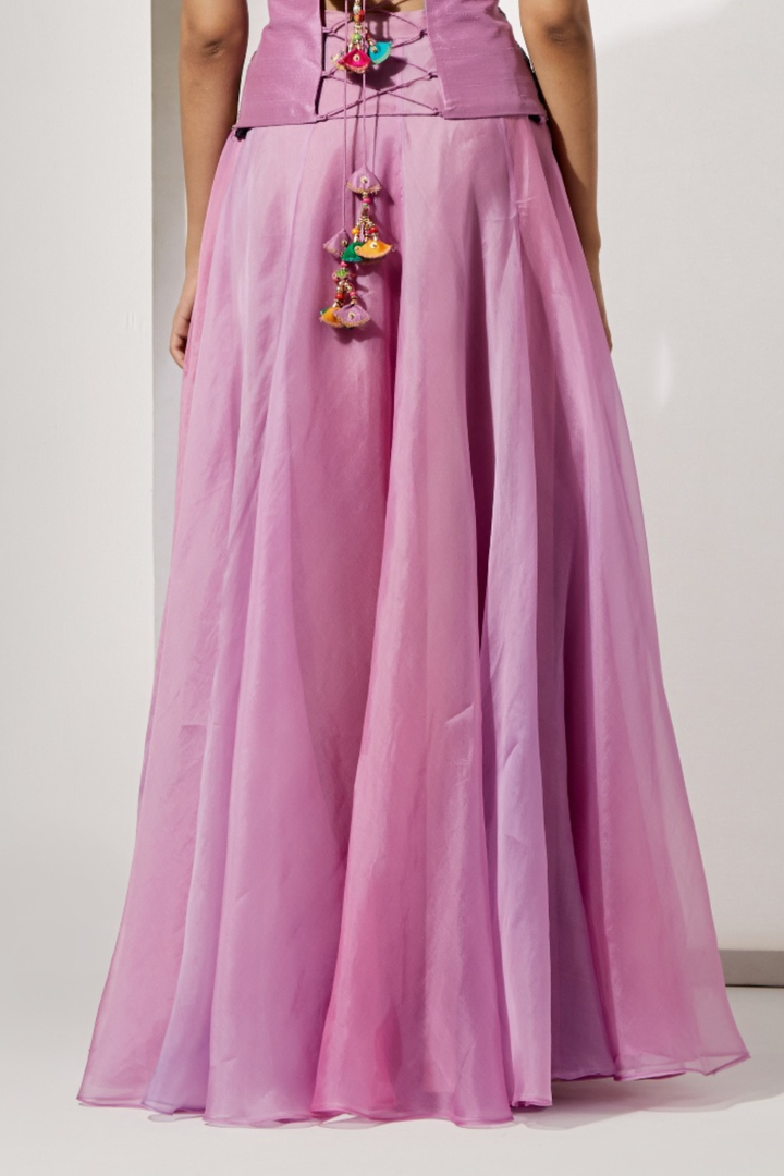 Pastel Patchwork Embroidered Corset+Lavender Plain Organza Flared Skirt
