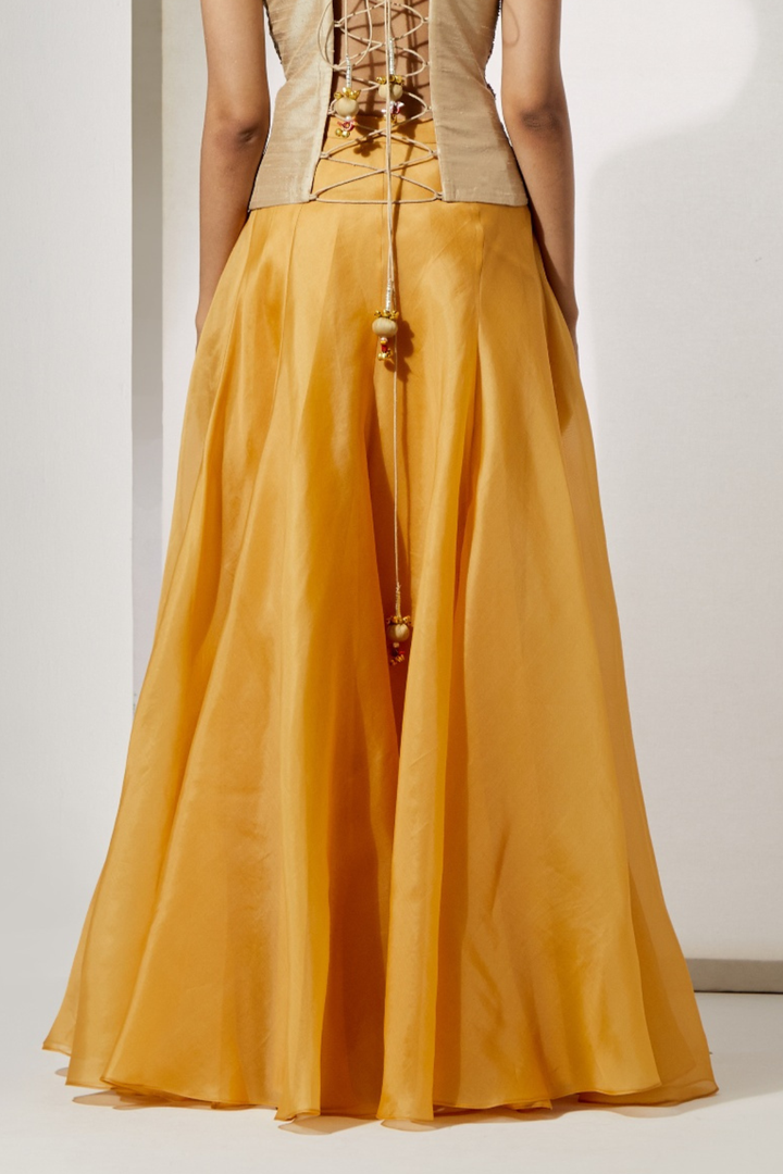 Sunset Patchwork Embroidered Corset+Mustard Yellow Plain Organza Flared Skirt