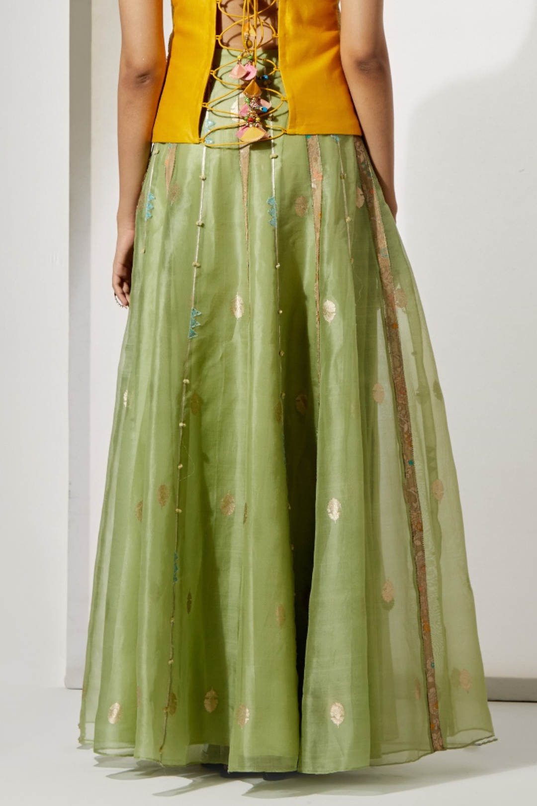 Sunset Patchwork Embroidered Corset+Olive Green Organza Skirt with Vertical Line &amp; Motif Detailing