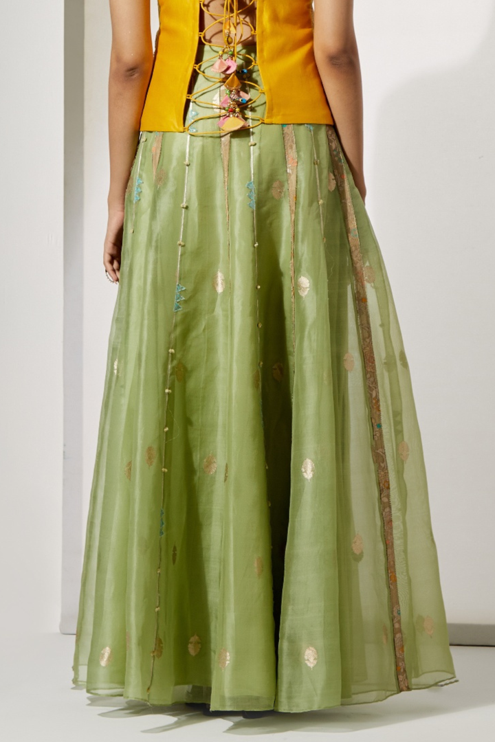 Sunset Patchwork Embroidered Corset+Olive Green Organza Skirt with Vertical Line &amp; Motif Detailing