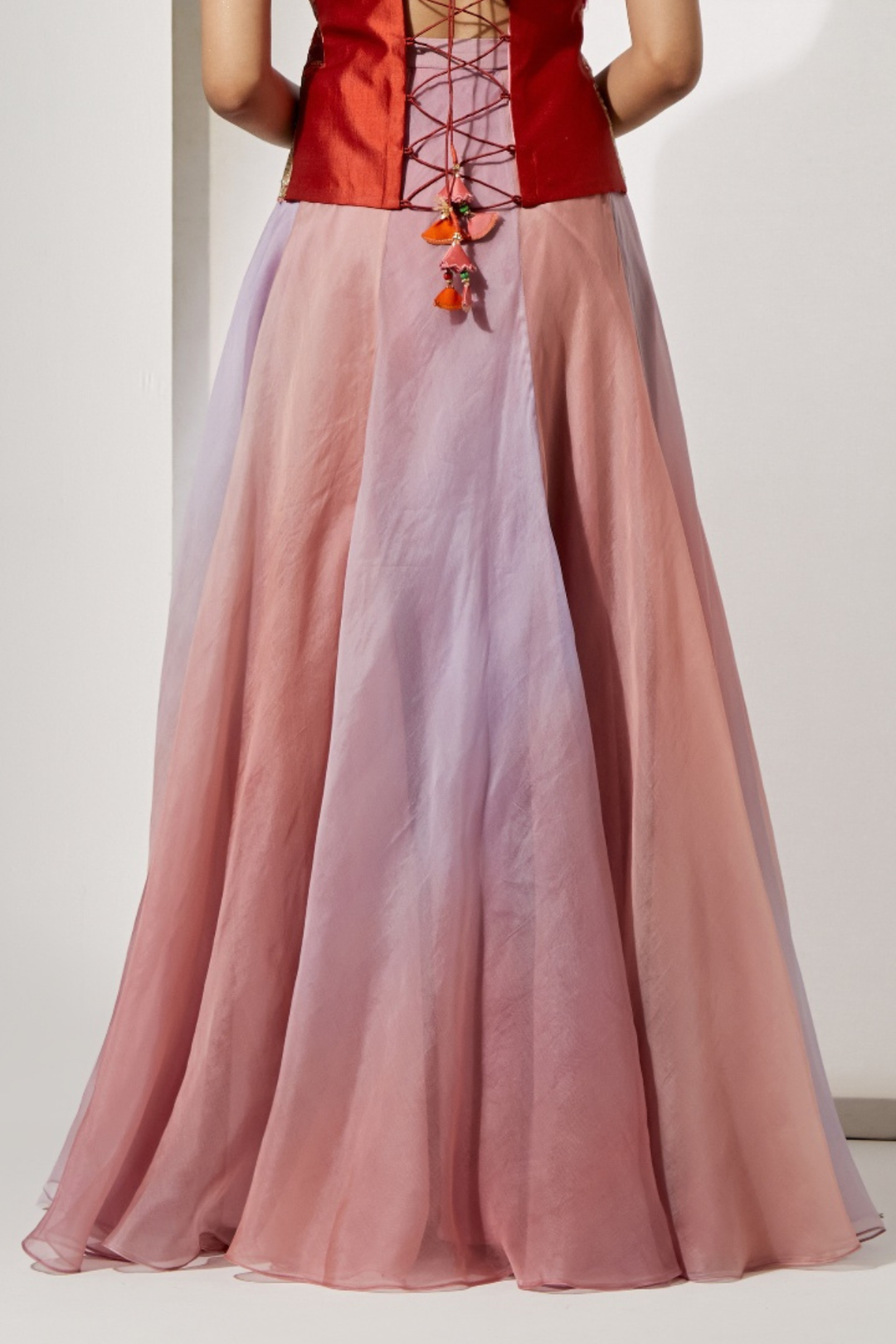 Bronze Ornate Embroidered Corset+Ombre Organza Flared Skirt in Lavender-Peach