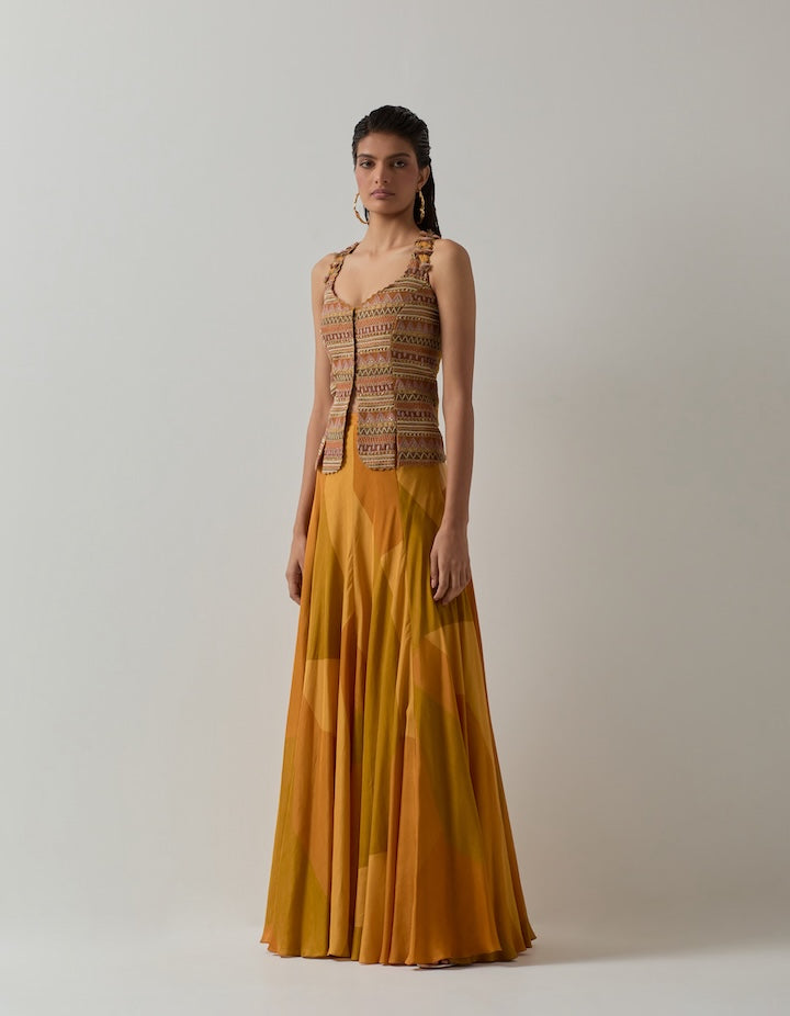 Mustard Abstract Corset and Skirt Set