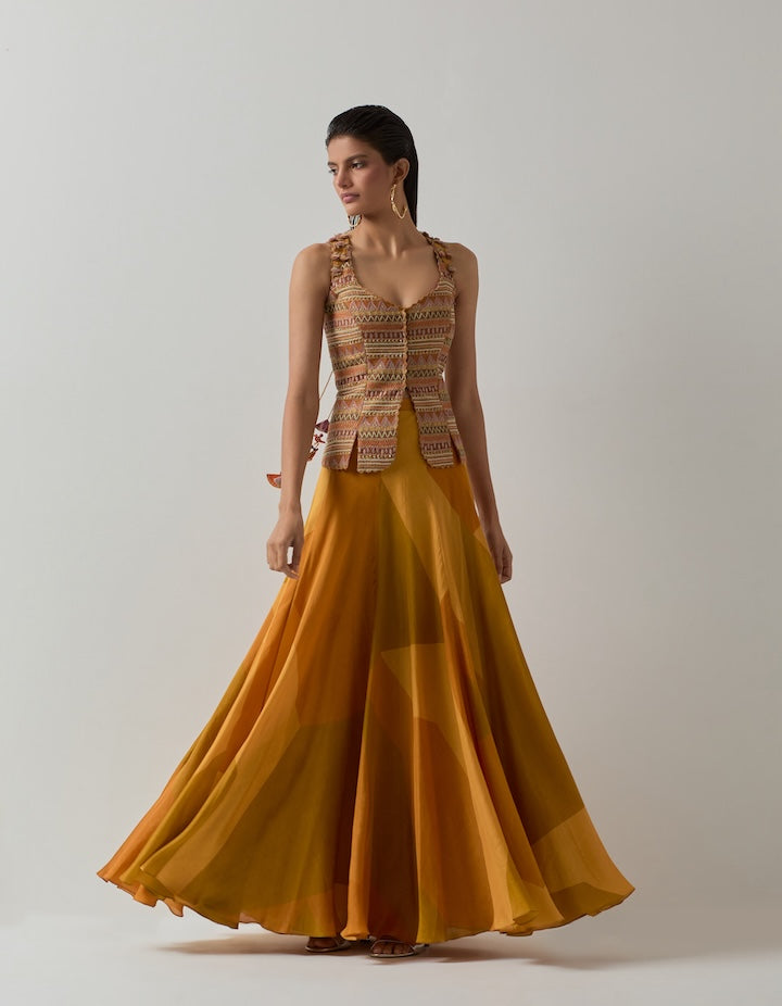 Mustard Abstract Corset and Skirt Set