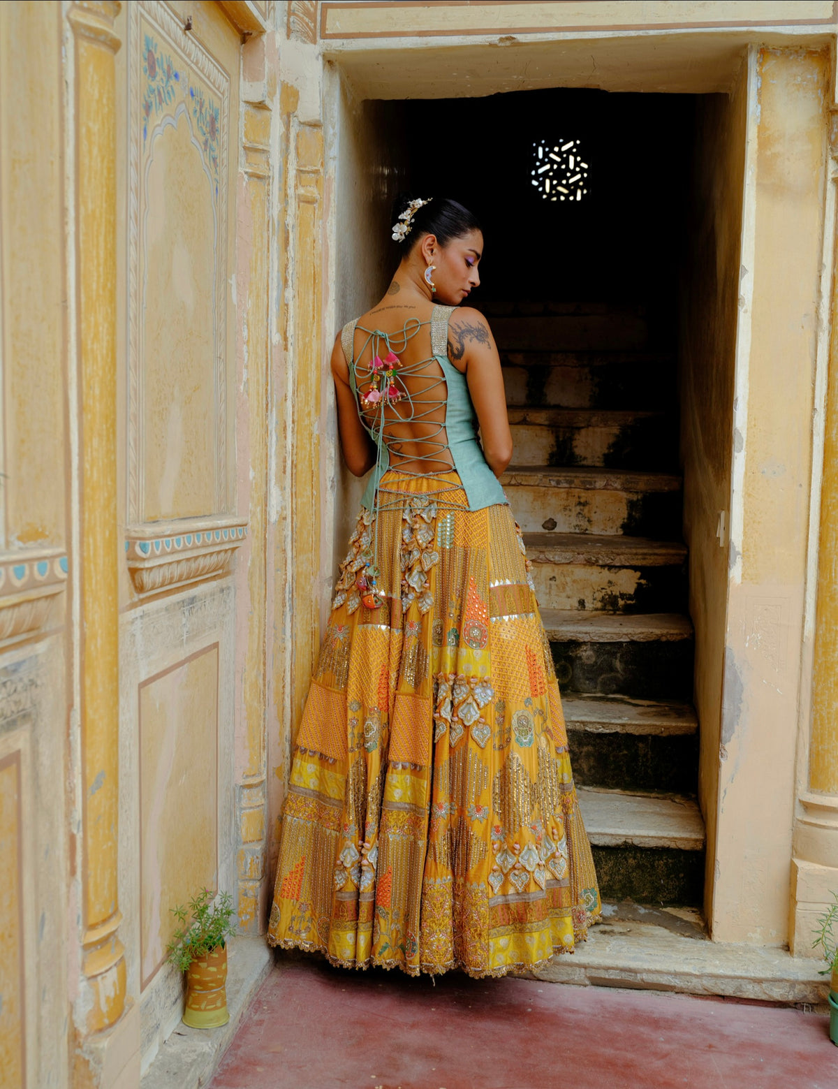 Blue Corset & Mustard Lehenga Set