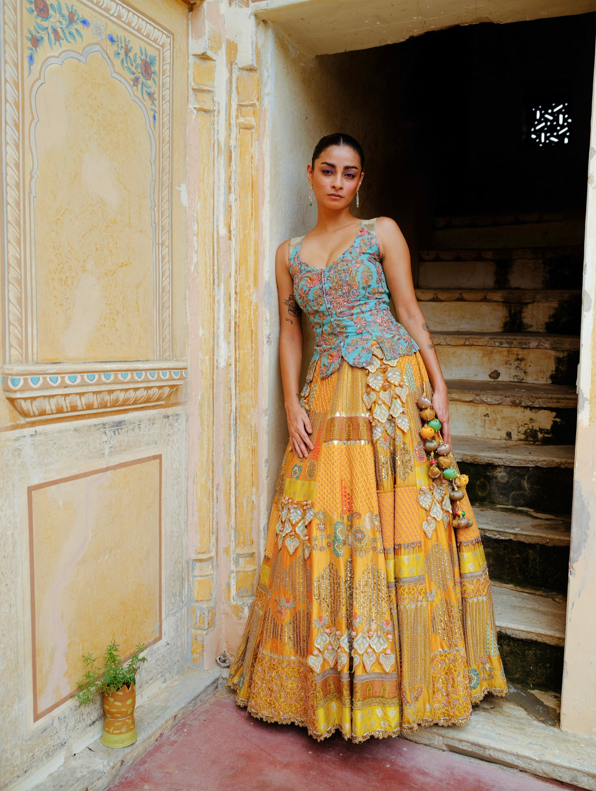 Blue Corset & Mustard Lehenga Set