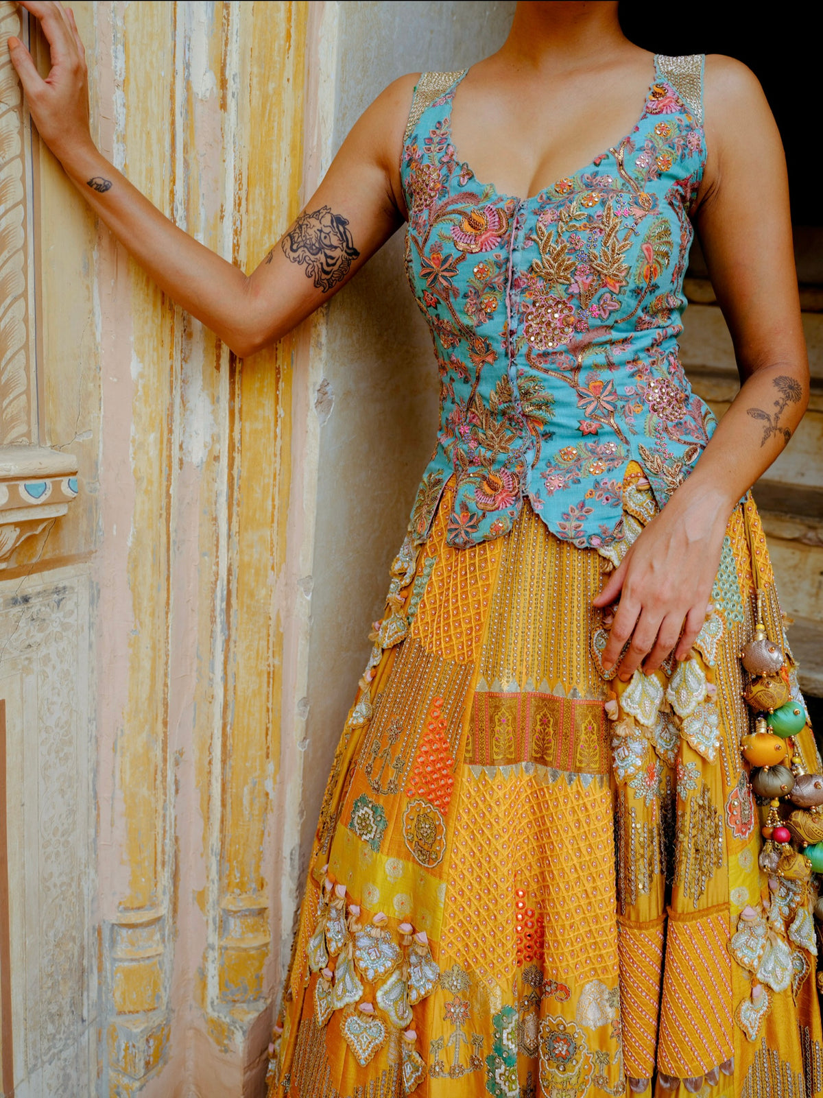 Blue Corset & Mustard Lehenga Set