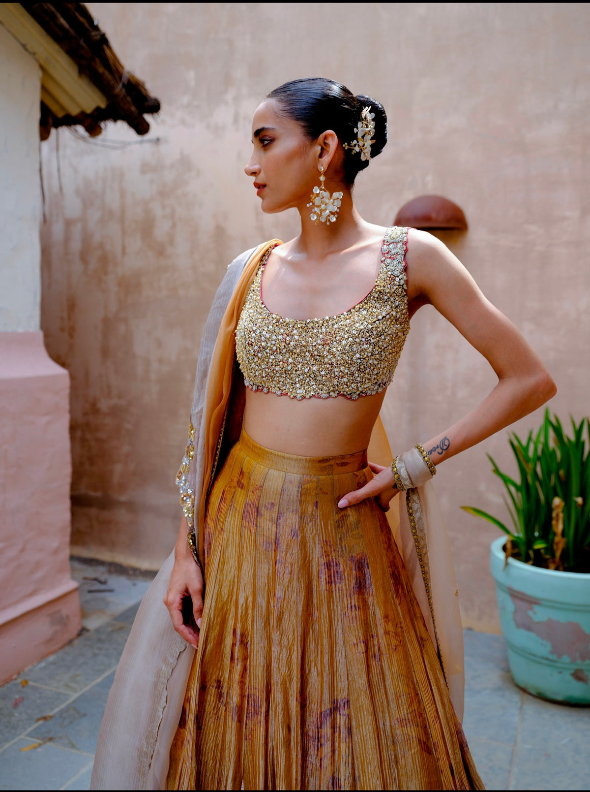 Mustard Tissue Lehenga Set