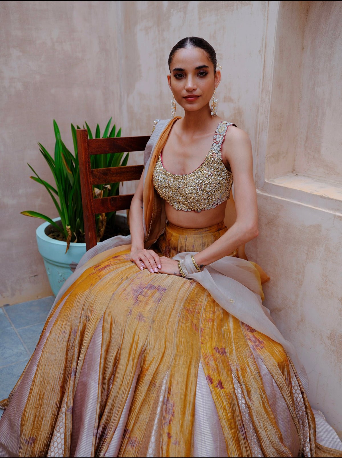 Mustard Tissue Lehenga Set