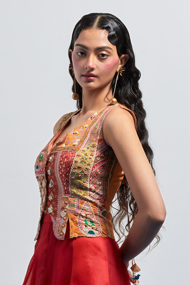 Sunset Patchwork Embroidered Corset+Yellow Organza Skirt with Floral Thread Embroidery