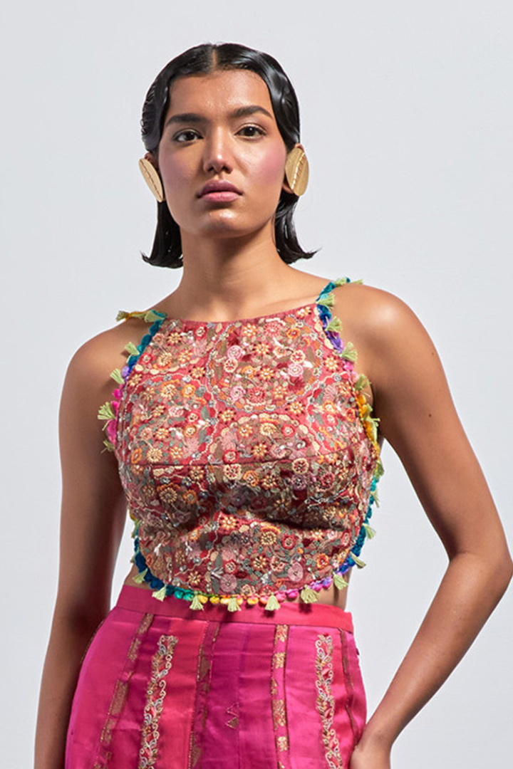 Rust Red Multi-Thread Tassel Corset+Fuchsia Pink Embroidered Organza Skirt