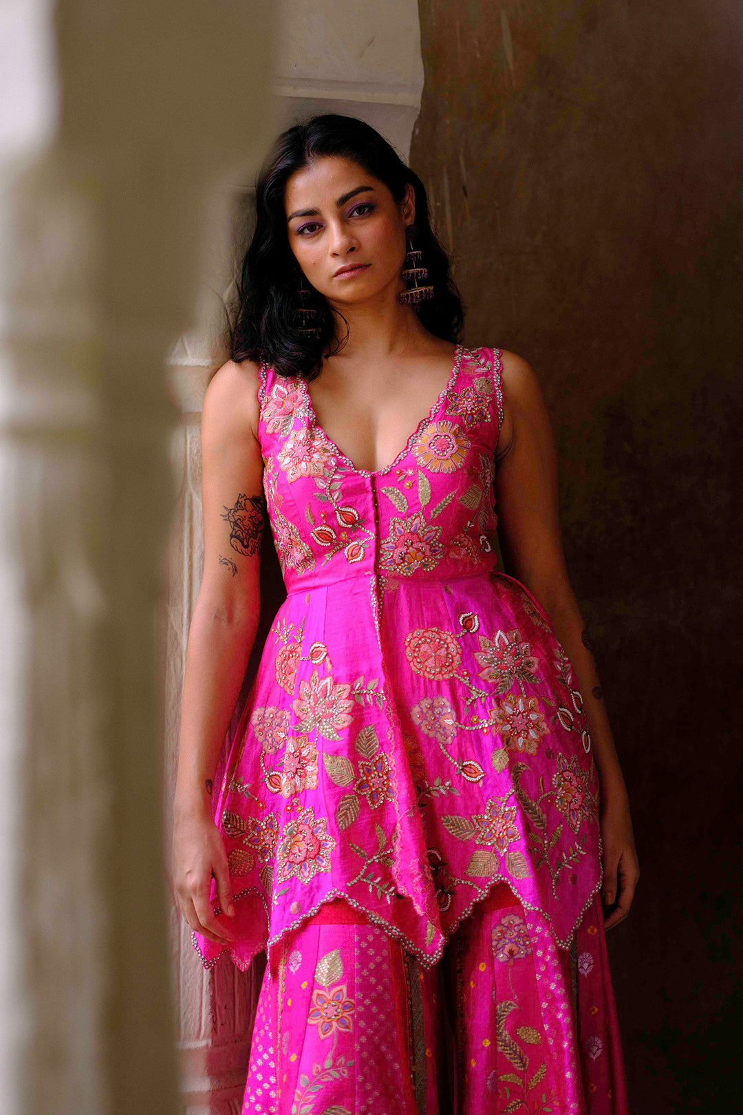 Fuchsia Silk Floral Embroidered Peplum Sharara Set