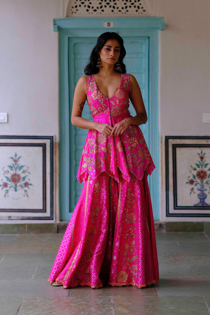 Fuchsia Silk Floral Embroidered Peplum Sharara Set