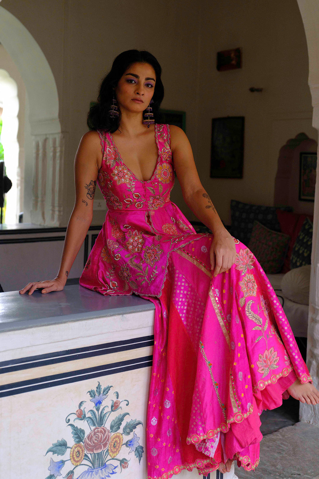 Fuchsia Silk Floral Embroidered Peplum Sharara Set