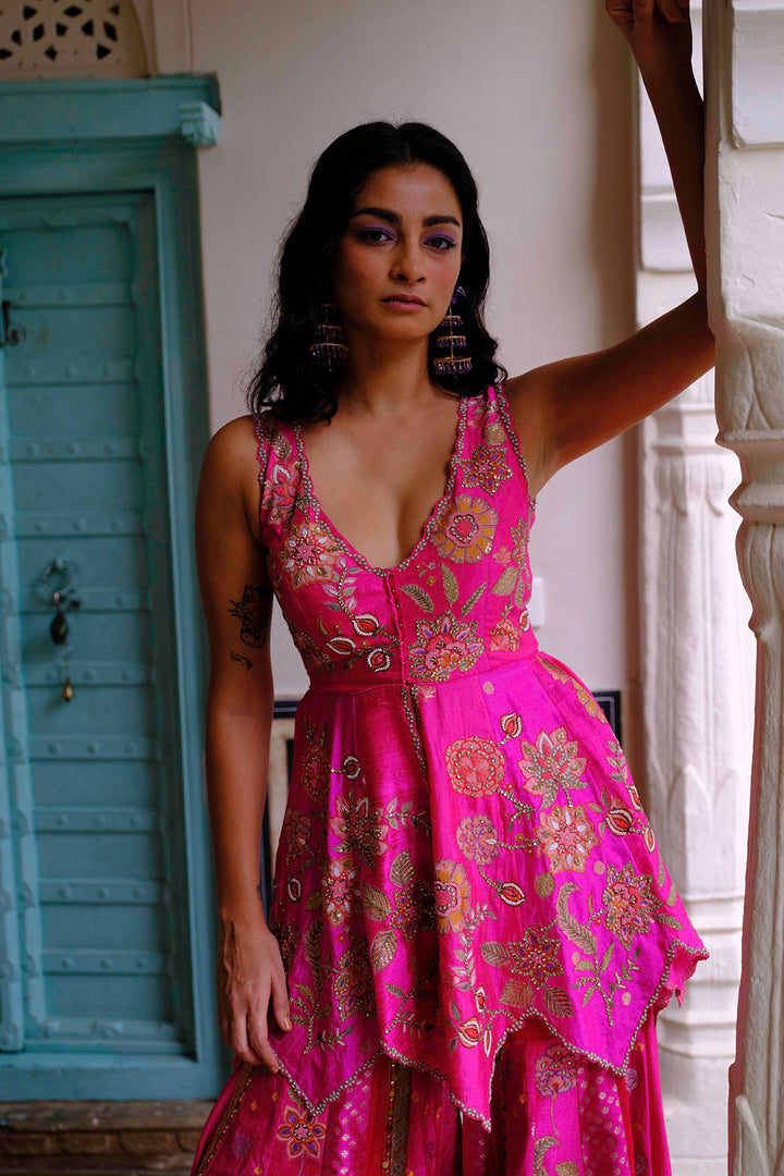 Fuchsia Silk Floral Embroidered Peplum Sharara Set