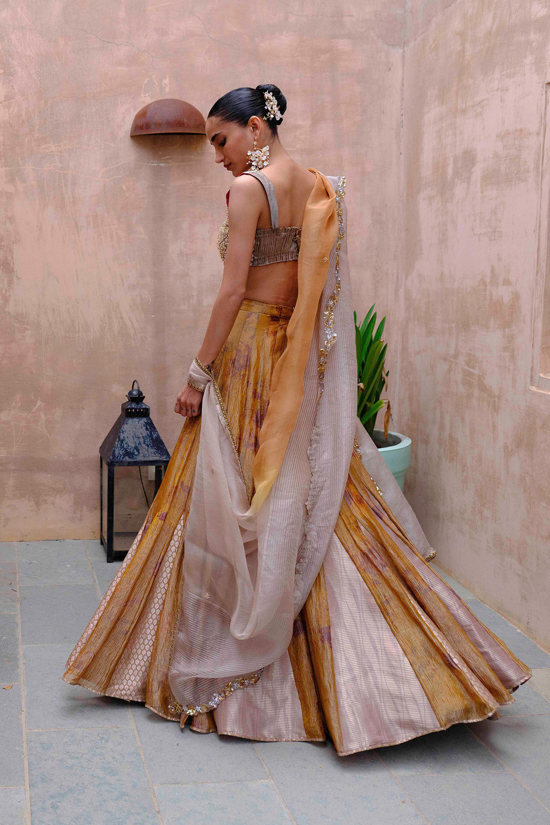 Antique Gold Tissue Lehenga with Embroidered Silk Blouse