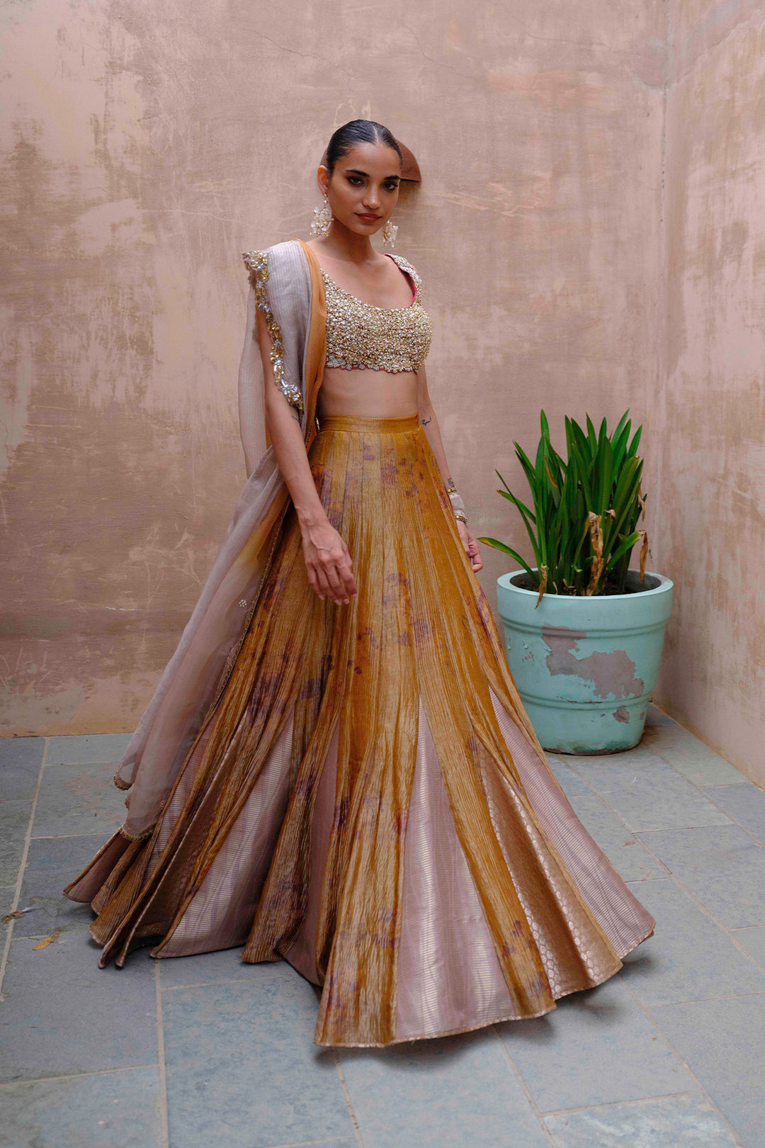 Antique Gold Tissue Lehenga with Embroidered Silk Blouse