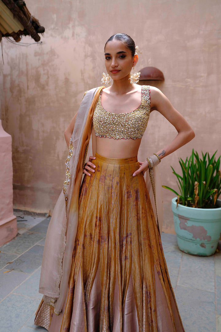 Antique Gold Tissue Lehenga with Embroidered Silk Blouse