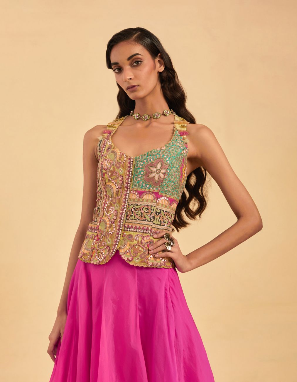 Multicoloured Corset and Pink Skirt Set