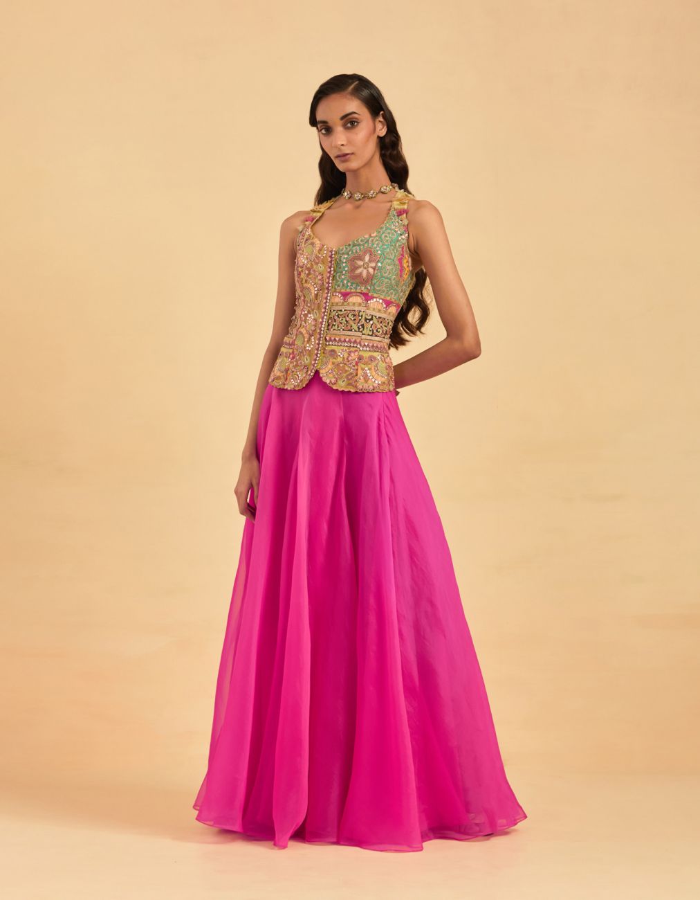 Multicoloured Corset and Pink Skirt Set