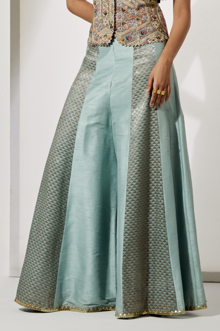 Pastel Patchwork Embroidered Corset+Powder Blue Panelled Sharara with Geometric Weave