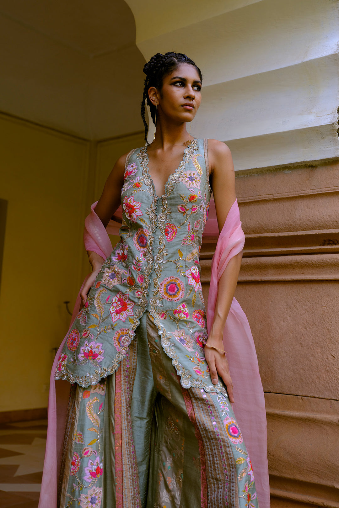 Aqua Floral Embroidered Sharara Set