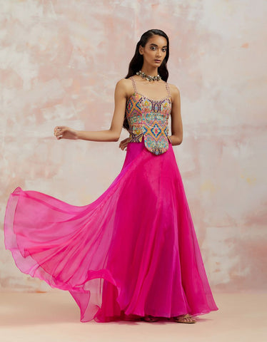 Multi Corset and Fuchsia Skirt Set